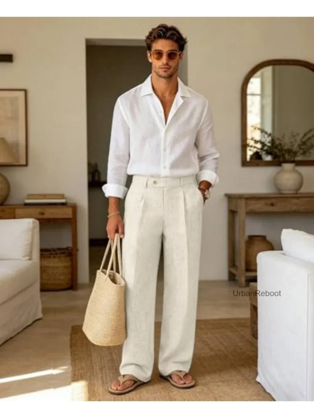 Mens Linen Casual Dress Pants Pleated Wide Leg Baggy Vintage Old Money Slacks